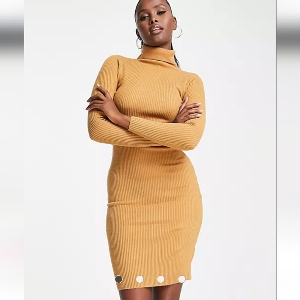 Brave Soul Juliet High Neck Knit Sweater Dress In Camel